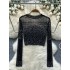 European and American women's sexy thin style see through versatile long sleeved mesh T-shirt, heavy-duty hot stamping short style exposed navel bottom shirt