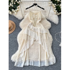 Pure Desire Wind Summer Dress, Women's Heart Machine, Wrinkled Waist, Slimming Strap, Lotus Leaf Edge Splicing, Irregular Fairy Dress