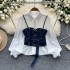 Light luxury French style high-end temperament set women's Polo collar lantern sleeve shirt+diamond studded waist strap vest