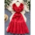 Retro court style high-end flying sleeve dress with embroidered hollow straps for women's summer, unique temperament long dress