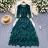 European and American style women's dress with high-end temperament and design sense. Lotus leaf edge splicing, round neck, pressed pleats, and hanging feeling. Long skirt