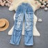 American retro workwear style jeans for women 2023 new item, niche design, pocket high waist slimming and wide leg pants