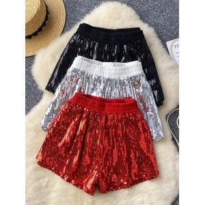 Heavy industry sequined sparkling shorts, women's elastic waist versatile, slimming A-line wide leg pants, summer new style, crotch covering casual pants