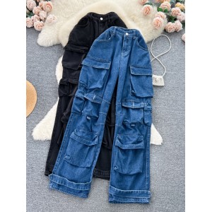 American retro workwear style jeans for women 2023 new item, niche design, pocket high waist slimming and wide leg pants