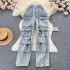 American retro workwear style jeans for women 2023 new item, niche design, pocket high waist slimming and wide leg pants