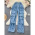 American retro workwear style jeans for women 2023 new item, niche design, pocket high waist slimming and wide leg pants