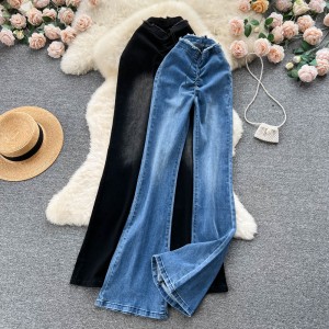 Spring and Autumn new Korean version fringed high waisted split jeans, women's drawstring, spicy girl versatile design, micro flared pants