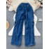 American retro workwear style jeans for women 2023 new item, niche design, pocket high waist slimming and wide leg pants