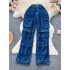 American retro workwear style jeans for women 2023 new item, niche design, pocket high waist slimming and wide leg pants