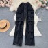 American retro workwear style jeans for women 2023 new item, niche design, pocket high waist slimming and wide leg pants