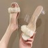 2024 new Korean version fairy style transparent thick heel straight square head pleated cool slippers summer high heels slippers for women