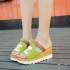 2018 Spring New Style Slope Heel Sponge Cake Bottom Women's Sandals Middle Heel One Line Dragging Cool Slippers High Heel Thick Bottom Korean Edition