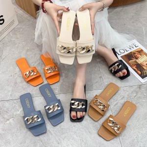 2021 Summer New Internet Celebrity Flat Flat One Word Cool Slippers for Women's Outerwear Fashion Metal Buckle Retro Instagram Trend