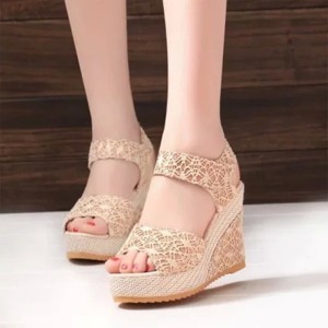 Summer wedge sandals Velcro thick soled platform sponge shoes lace hollow heel sandals for women