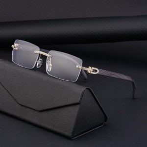 European and American retro frameless men's sunglasses with diamond inlaid wood grain legs, cross-border new glasses wholesale shapes