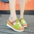 2018 Spring New Style Slope Heel Sponge Cake Bottom Women's Sandals Middle Heel One Line Dragging Cool Slippers High Heel Thick Bottom Korean Edition