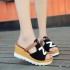 2018 Spring New Style Slope Heel Sponge Cake Bottom Women's Sandals Middle Heel One Line Dragging Cool Slippers High Heel Thick Bottom Korean Edition