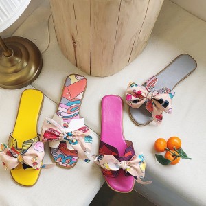 Colorful ribbon bow flat heeled flat bottomed slippers for women in summer, new style for outerwear with floral patterns, wholesale