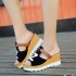 2018 Spring New Style Slope Heel Sponge Cake Bottom Women's Sandals Middle Heel One Line Dragging Cool Slippers High Heel Thick Bottom Korean Edition