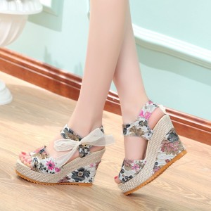 Sandals Women's Summer Casual New Style Ultra High Heels Flower Slope Heel Strap Bow Thick Bottom Bohemian Women's Shoes