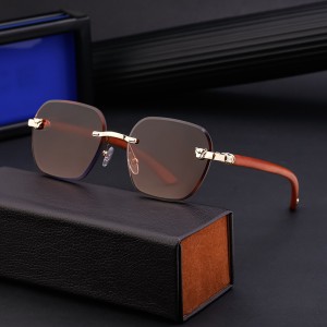 2024 New European and American Edge Cutting Frameless Sunglasses for Men, Retro Leopard Imitation Wood Grain Mirror Legs, Sun Men, Cross border Wholesale