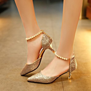 Summer New Women's Sandals Pointed Korean Fashion Glitter High Heels Women's Beaded Sandals Trendy