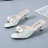 2022 Summer New Style Small Heel Middle Heel Fish Mouth Bow One Word Women's Versatile Large Size Slippers Wholesale