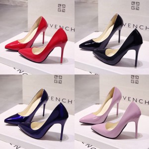 Europe Station Bare Color Stiletto High Heels Pointed Black Work Single Shoes Women's Lacquer Leather Blue Large Shoes Red Wedding Shoes