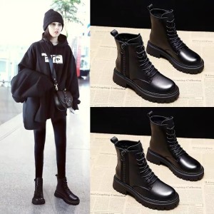 British mid length boots Martin boots 2021 model black handsome short boots PU front lace up round toe low heel thick sole single boot