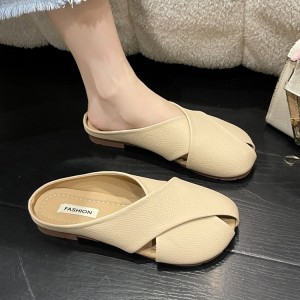 Baotou Half Slippers for Women's Summer Outerwear 2023 New Pregnant Women's Soft Bottom Woven Flat Bottom Fish Mouth Muller Shoes French Cool Trailer