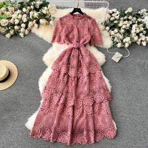 Light luxury heavy industry hollow carved lace dress with women's high-end feel, multi-layer ruffle edge cake skirt, socialite style dress