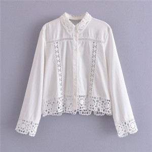 Wholesale 2024 Spring New Products: European and American style Crochet Knitted Splicing Shirt, Collar, Single breasted Long sleeved Shirt, Top