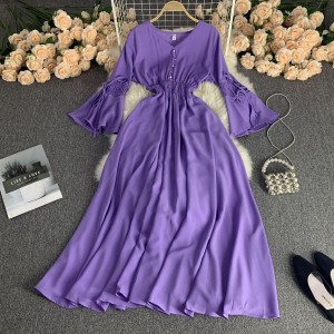 Pure color retro solid color temperament French square neck Hepburn style short sleeved waist slimming pleated dress big swing long skirt