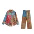 2023 Summer New European and American Color blocked Printed Loose Shirt with Strap up Straight Pants Set for Foreign Trade