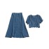 Summer New Retro French Bubble Sleeve V-neck Short Shirt Top+High Waist A-line Skirt Two Piece Set