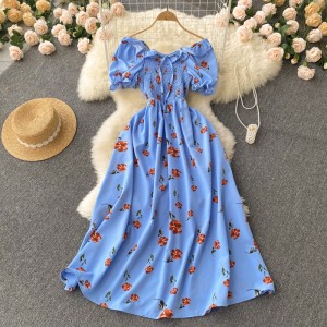 Small fresh French retro fairy slimming floral dress with high waisted drawstring, pleating and cinching waist to show off thinness, big swing long skirt