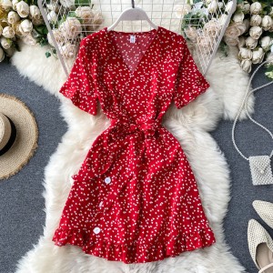 2020 New Summer Sweet Love Printed Trumpet Sleeves with Straightening Waist Short First Love Dress