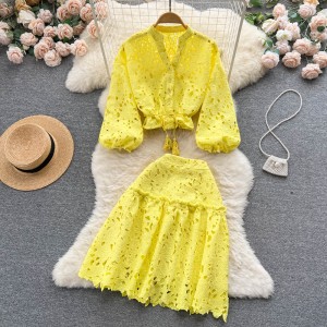 Fashionable and stylish two-piece set for women in summer, lively and age reducing, hollowed out lantern sleeve shirt top, half body skirt