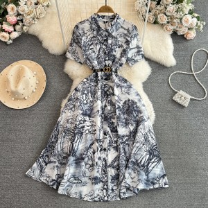 Summer retro light mature style short sleeved lapel cinched waist slimming single breasted ink painting printed shirt dress