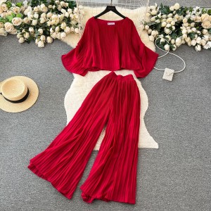 Retro Hepburn style clean color chiffon princess high-end fashion suit pants summer loose short high waist hanging feeling