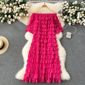 One shoulder cake dress with feminine temperament, light and chic dress, loose and slimming, sweet princess long dress