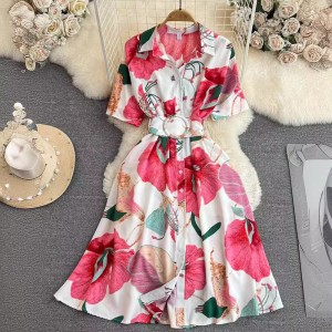 Summer Korean version of high-end, light luxury temperament short sleeved lapel waist cinching slimming single breasted printed dress