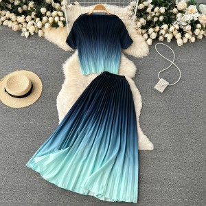 Gradient color set for socialite temperament chiffon short sleeved top, high waist casual pleated skirt two-piece set