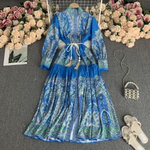 Spring retro palace style positioning flower long sleeved dress ethnic style cinched waist cardigan long skirt high waist round neck print