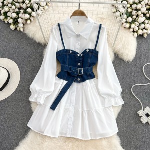 New autumn style Hong Kong retro long sleeved single breasted shirt dress two-piece set denim camisole vest