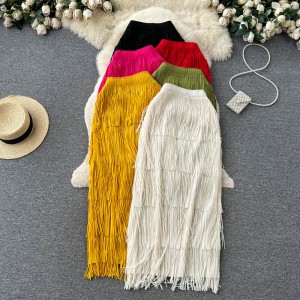 Summer new pleated red tassel skirt with niche design, high-end cake skirt, waist cinching, slimming and hip hugging skirt