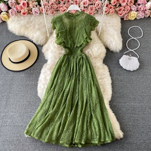 Spring and Autumn Lace Round Neck Dress Long Sleeve Fashionable Slimming and Elegant Ruffle Edge Large Swing Long Dress Dress