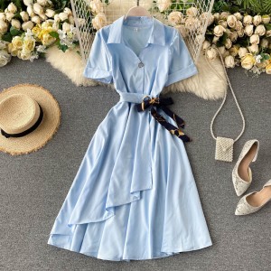 Commuter women's short sleeved shirt, women's design sense, niche irregular A-line large swing ribbon tied waist dress