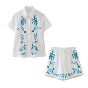 2024 Spring/Summer Vacation Style New Women's European and American Style Cotton Hemp Embroidered Short Sleeve Shirt+Drawstring Shorts Two Piece Set