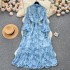 Autumn new French style feminine stand up collar slim fit long style large swing chiffon dress with bubble sleeves and floral floral holiday skirt